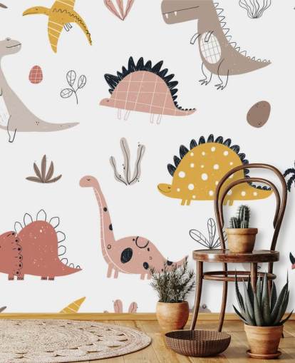 pink, grey and yello dinosaur wallpaper