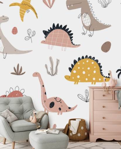 rosa, grå og yello dinosaur tapet