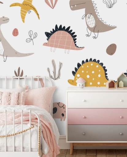 papel de parede dinossauro rosa, cinza e amarelo