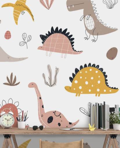 rosa, grå og yello dinosaur tapet