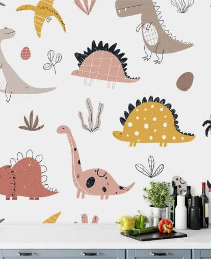 rosa, grå och yello dinosaurie tapet