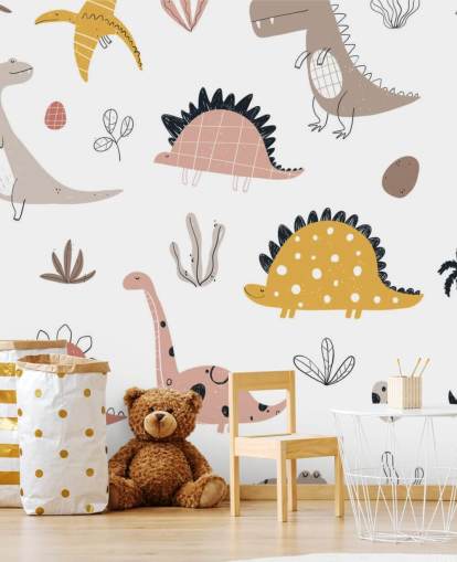 papel de parede dinossauro rosa, cinza e amarelo