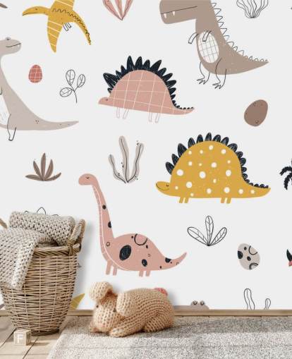 papel pintado dinosaurio rosa, gris y amarillo