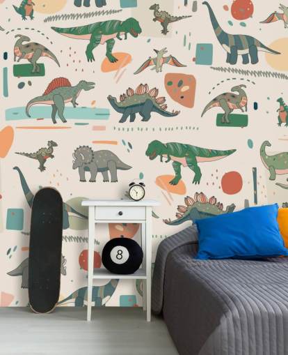 groen, blauw en rood dino behang