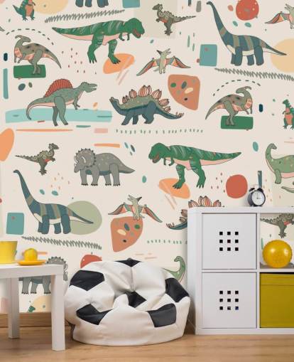 groen, blauw en rood dino behang