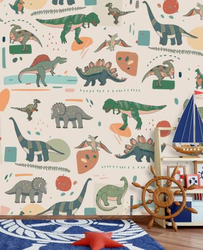 groen, blauw en rood dino behang