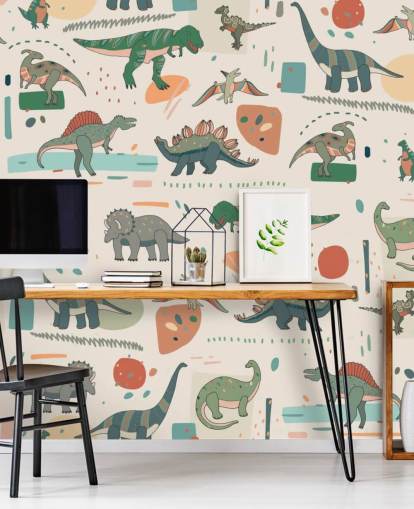 papel pintado dinosaurio verde, azul y rojo