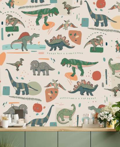papier peint dinosaure vert, bleu et rouge