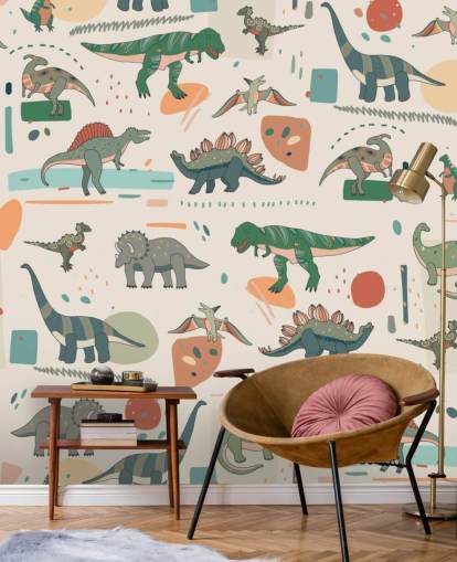 groen, blauw en rood dino behang