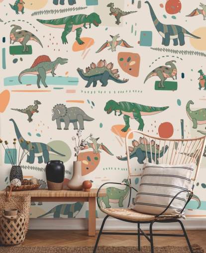 groen, blauw en rood dino behang