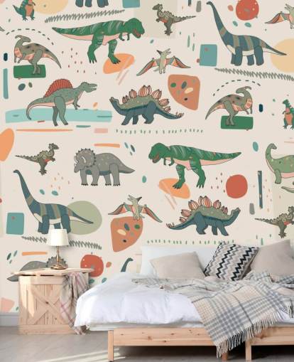 papel pintado dinosaurio verde, azul y rojo