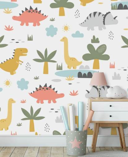 kleurrijke dinosaurus-cartoons behang