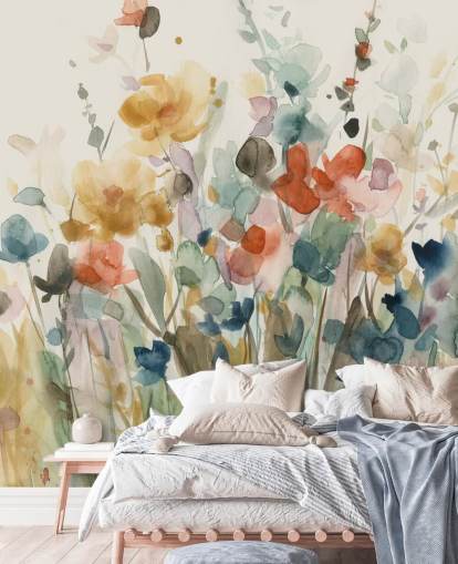 colourful custom floral wallpaper called In Full Bloom by Carol Robinson for bedrooms, living rooms and kitchens