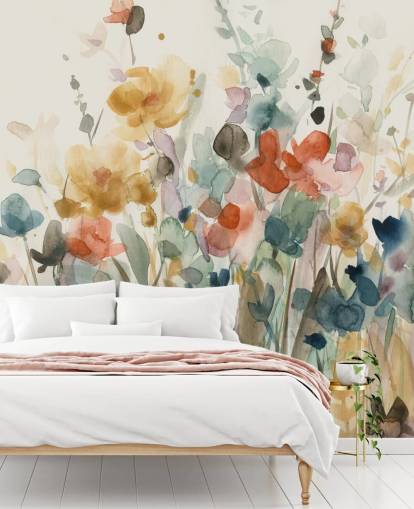 colorful custom floral wallpaper called In Full Bloom by Carol Robinson for bedrooms, living rooms and kitchens