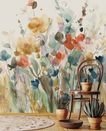 farbenfrohe individuelle Blumentapete namens In Full Bloom von Carol Robinson für Schlafzimmer, Wohnzimmer und Küchen