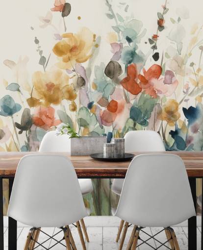 farbenfrohe individuelle Blumentapete namens In Full Bloom von Carol Robinson für Schlafzimmer, Wohnzimmer und Küchen