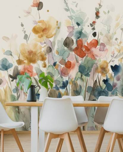 kleurrijk bloemenbehang op maat genaamd In Full Bloom van Carol Robinson voor slaapkamers, woonkamers en keukens