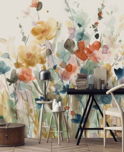 papel de parede floral personalizado colorido chamado In Full Bloom de Carol Robinson para quartos, salas de estar e cozinhas