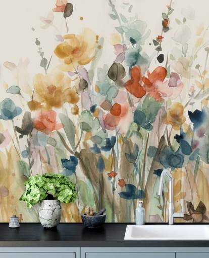 colorful custom floral wallpaper called In Full Bloom by Carol Robinson for bedrooms, living rooms and kitchens