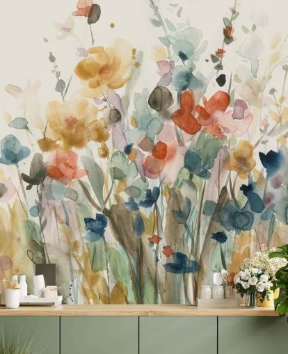 färgglada anpassade blommiga tapeter som heter In Full Bloom av Carol Robinson för sovrum, vardagsrum och kök