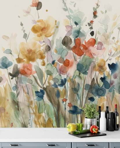 colourful custom floral wallpaper called In Full Bloom by Carol Robinson for bedrooms, living rooms and kitchens