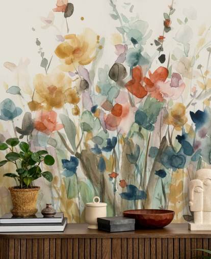 färgglada anpassade blommiga tapeter som heter In Full Bloom av Carol Robinson för sovrum, vardagsrum och kök