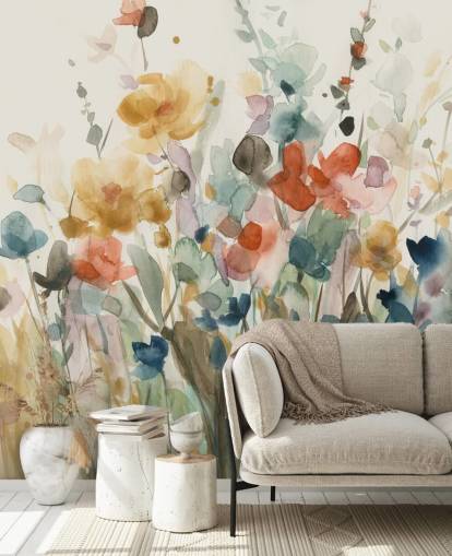 kleurrijk bloemenbehang op maat genaamd In Full Bloom van Carol Robinson voor slaapkamers, woonkamers en keukens