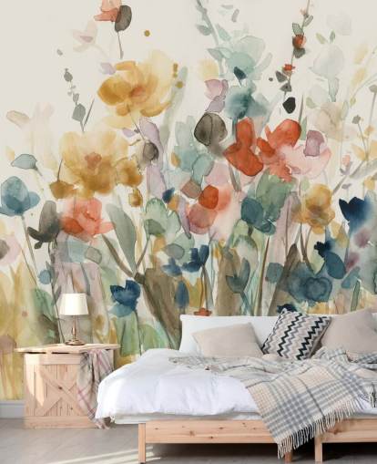 colorful custom floral wallpaper called In Full Bloom by Carol Robinson for bedrooms, living rooms and kitchens