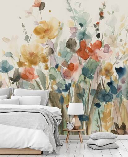 kleurrijk bloemenbehang op maat genaamd In Full Bloom van Carol Robinson voor slaapkamers, woonkamers en keukens