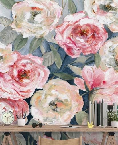 roze en witte rozenbehang