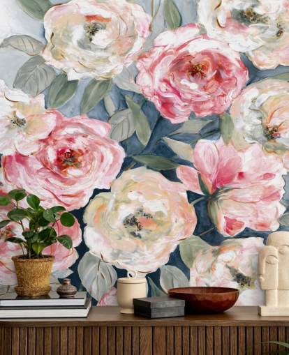 roze en witte rozenbehang