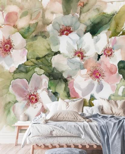white and pink poppies with green leaves painting wallpaper