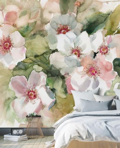 weiße und rosa Mohnblumen mit grünen Blättern, Maltapete weiße und rosa Mohnblumen mit grünen Blättern, Maltapete