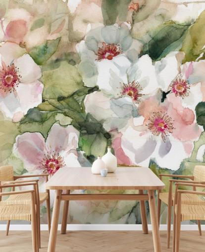 white and pink poppies with green leaves painting wallpaper