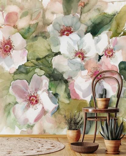 weiße und rosa Mohnblumen mit grünen Blättern, Maltapete