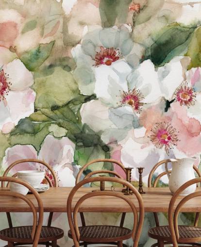 white and pink poppies with green leaves painting wallpaper