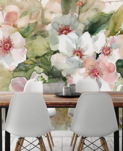 weiße und rosa Mohnblumen mit grünen Blättern, Maltapete