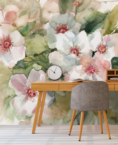 white and pink poppies with green leaves painting wallpaper white and pink poppies with green leaves painting wallpaper