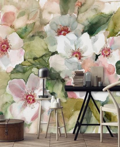 papoulas brancas e rosa com folhas verdes pintando papel de parede