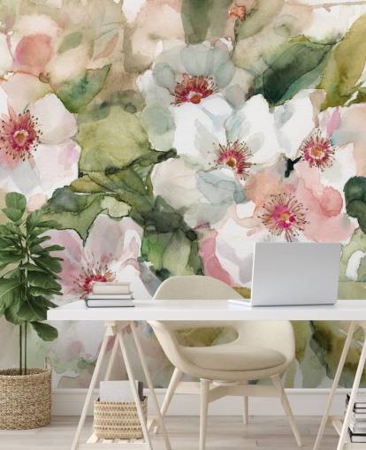 white and pink poppies with green leaves painting wallpaper white and pink poppies with green leaves painting wallpaper