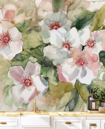 white and pink poppies with green leaves painting wallpaper