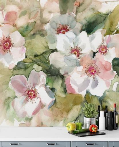 white and pink poppies with green leaves painting wallpaper