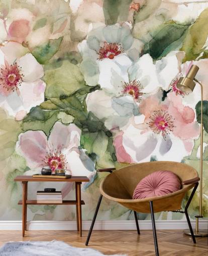 witte en roze papavers met groene bladeren schilderijbehang witte en roze papavers met groene bladeren schilderijbehang