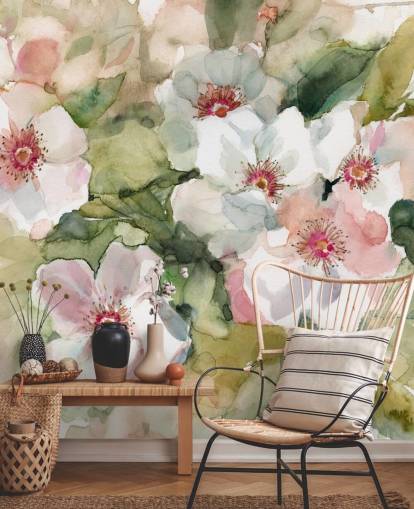 witte en roze papavers met groene bladeren schilderijbehang witte en roze papavers met groene bladeren schilderijbehang