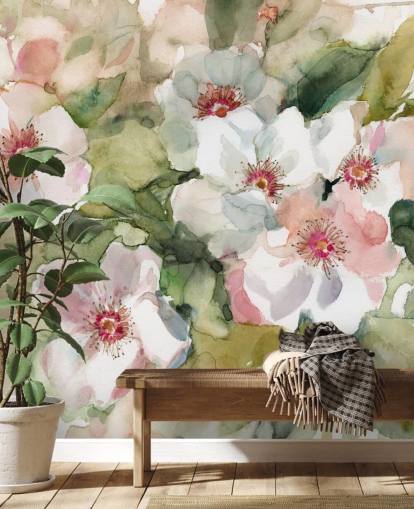 white and pink poppies with green leaves painting wallpaper