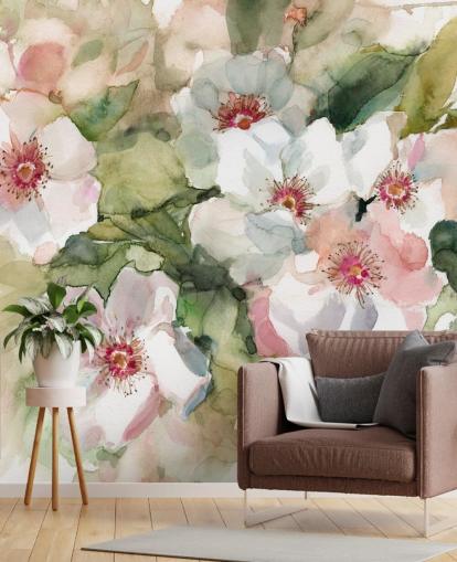 papoulas brancas e rosa com folhas verdes pintando papel de parede