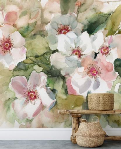 weiße und rosa Mohnblumen mit grünen Blättern, Maltapete weiße und rosa Mohnblumen mit grünen Blättern, Maltapete