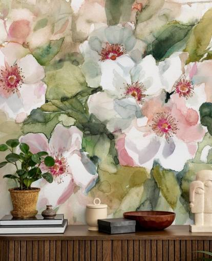 weiße und rosa Mohnblumen mit grünen Blättern, Maltapete