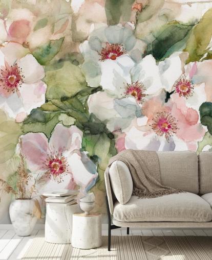 white and pink poppies with green leaves painting wallpaper
