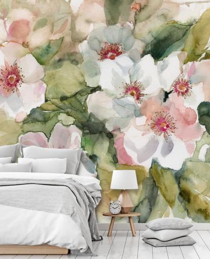 white and pink poppies with green leaves painting wallpaper